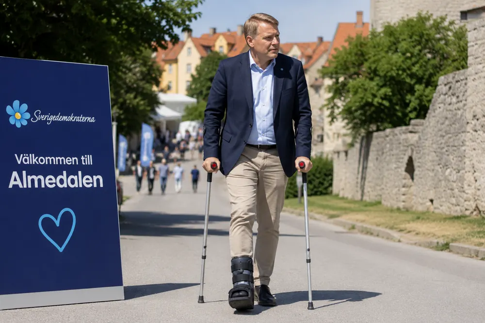 Henrik Vinge på kryckor under Almedalsveckan