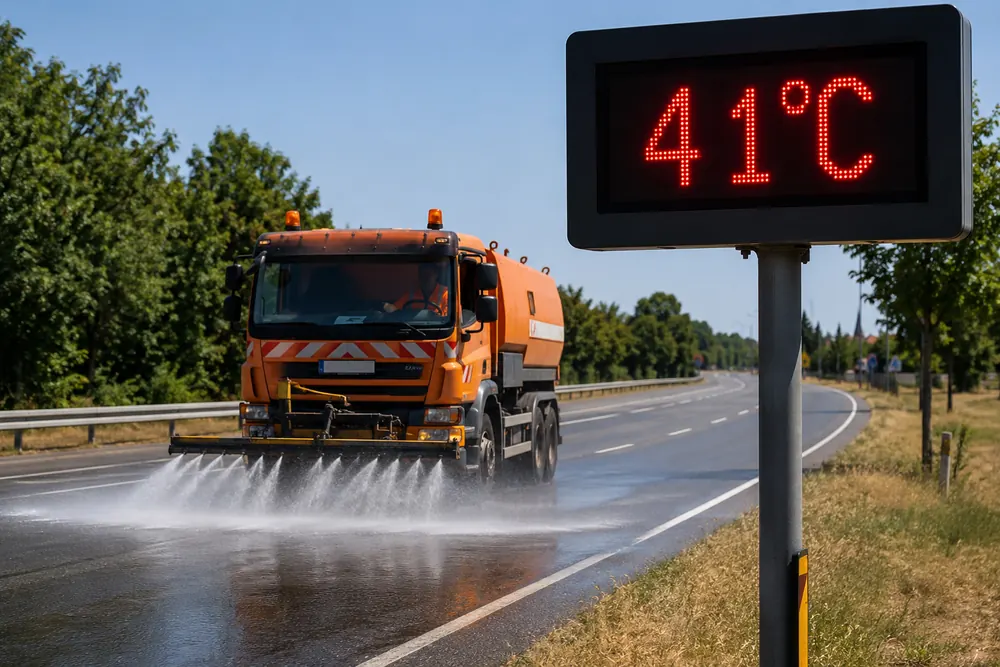 Extrem värme slår rekord – snöröjare kyler vägar