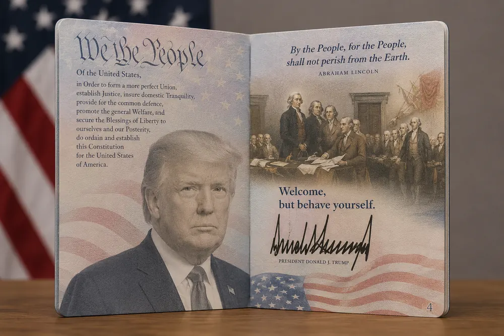 Trump visar jubileumspass med eget porträtt