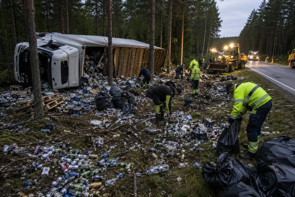 Lastbil välte – 30 ton alkohol spreds i skogen