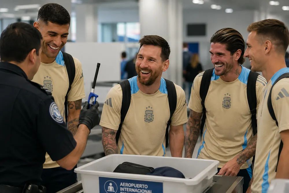Lionel Messi skrattar åt flygplatshändelse