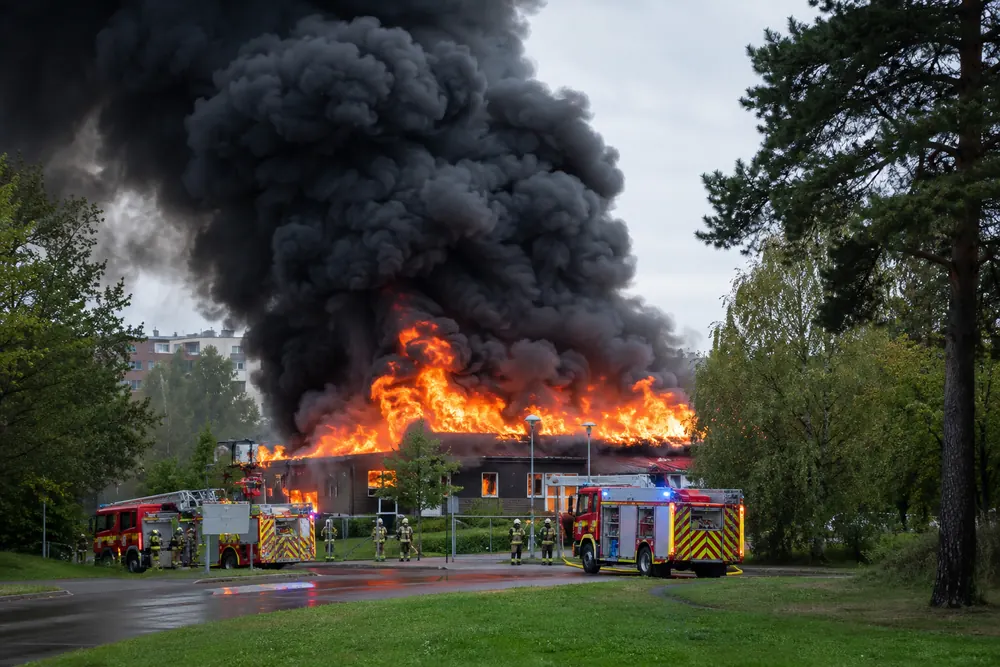 Fullt utvecklad brand i byggnad i Skärholmen